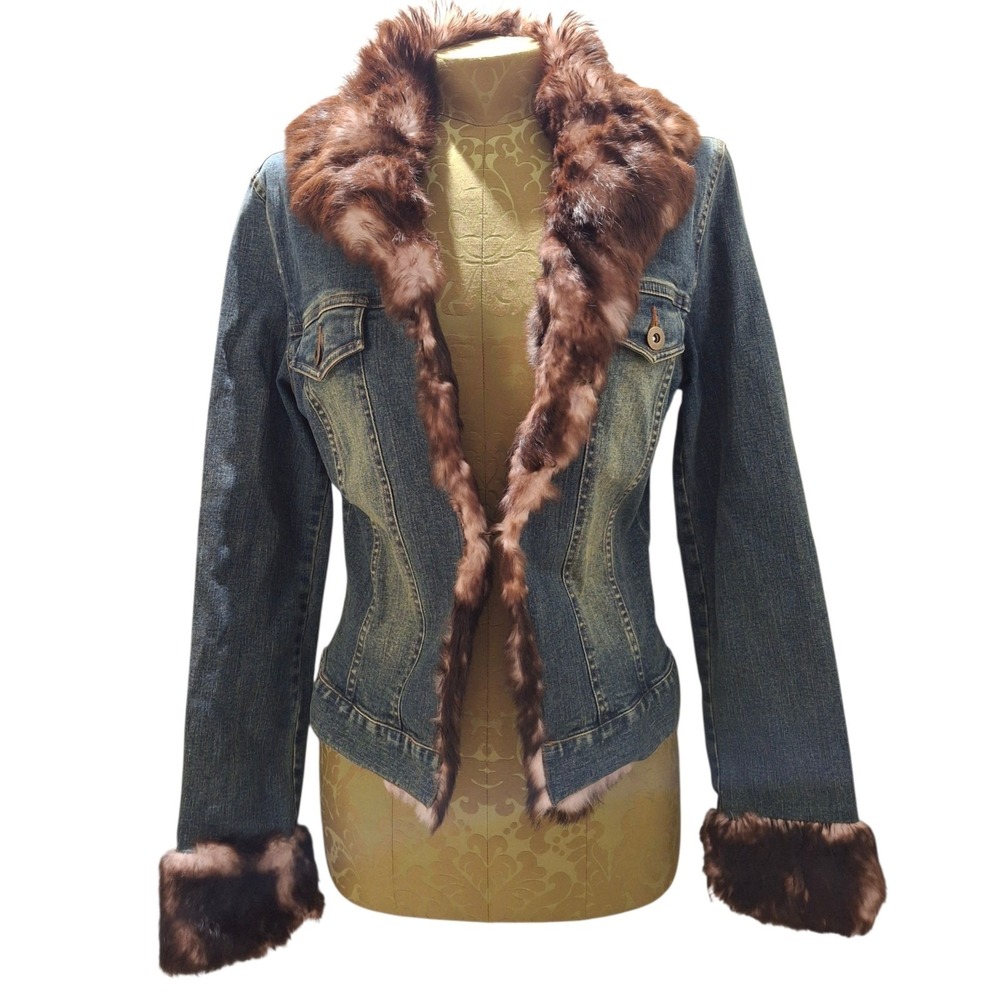 Amazinggg Y2K Vintage Sheri Bodell Blue Jean Jacket Brown Fur Trim Size Medium